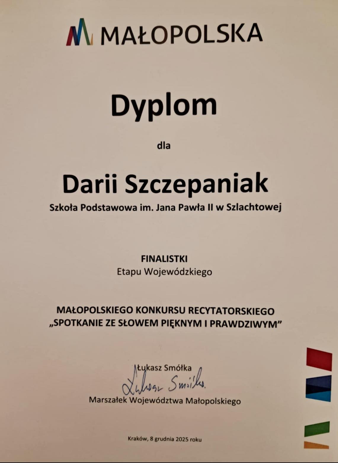 Finalistka Małopolskiego Konkursu Recytatorskiego