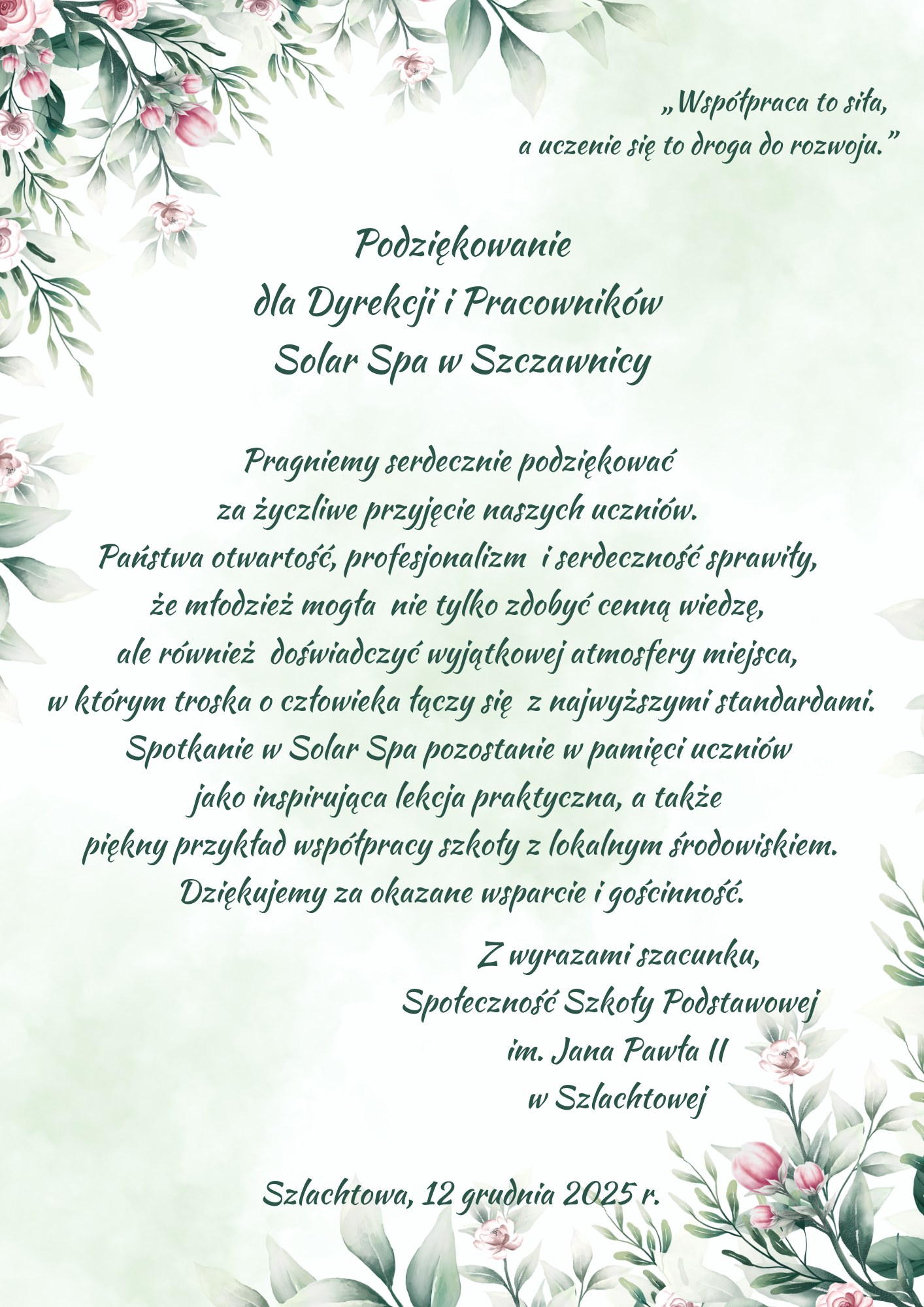 Podziękowanie dla Solar Spa